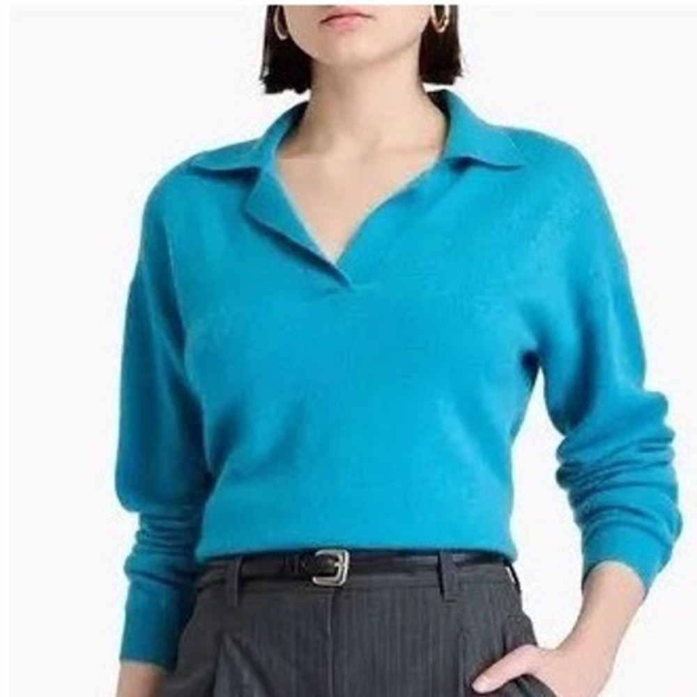 Naadam 100% Cashmere Long Sleeve Collared Polo Sweater Blue Fine Knit Pullover L